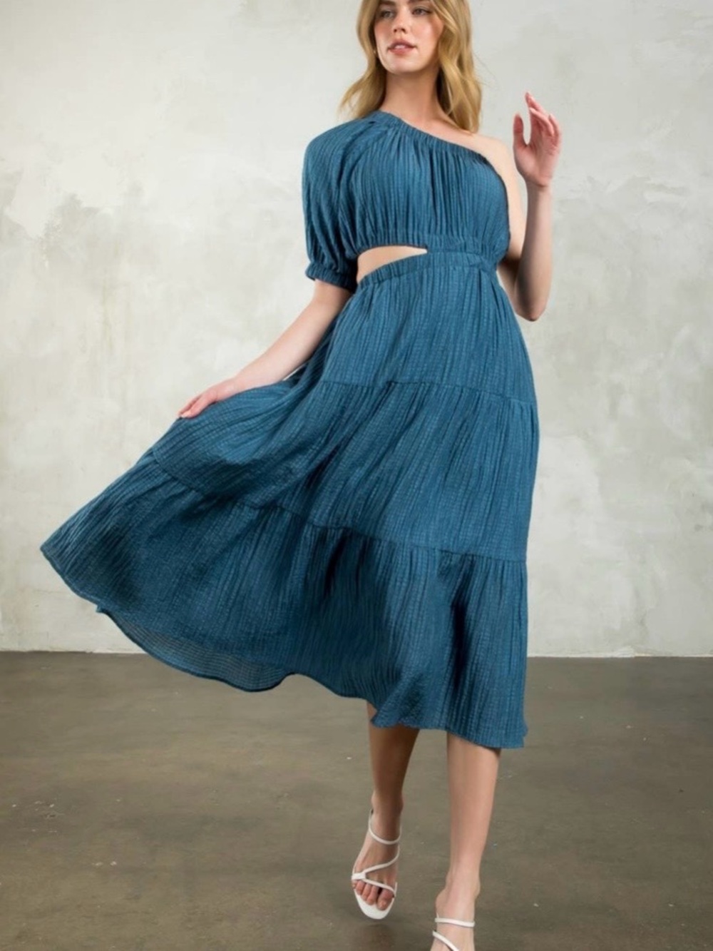One-Shoulder Teal Midi Dress with Cutout THML